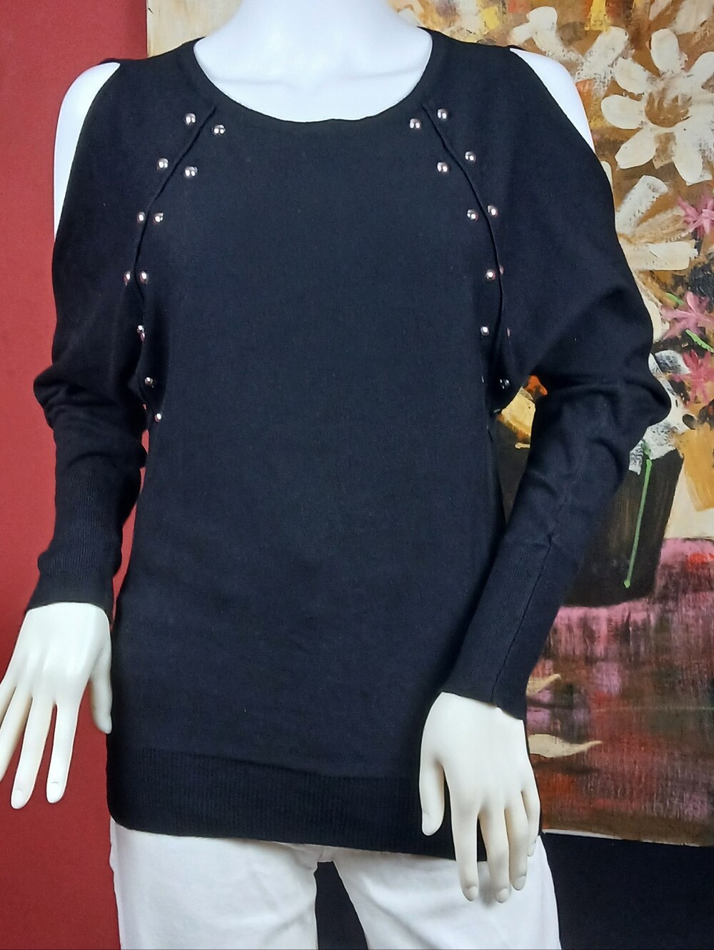 Jennifer Lopez Black Cold-Shoulder Stud-Accent Crew Sweater